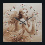 ANGEL PLAYING LYRA OVER THE CLOUDS Sepia Brown Quadratische Wanduhr<br><div class="desc">Artistic and classic watercolor painting with white antique pink gem stones ,  re-elaborated from 18 th Century Italian fine art</div>
