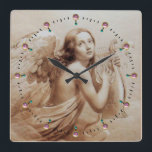 ANGEL PLAYING LYRA OVER THE CLOUDS Sepia Brown Quadratische Wanduhr<br><div class="desc">Artistic and classic watercolor painting with white antique pink gem stones ,  re-elaborated from 18 th Century Italian fine art</div>