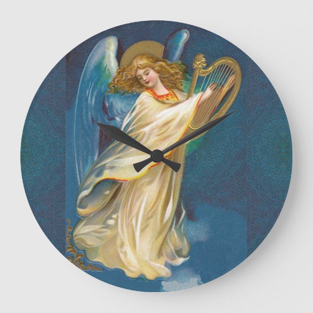 Angel Playing Music On A Harp Large Clock Große Wanduhr (Vorderseite)