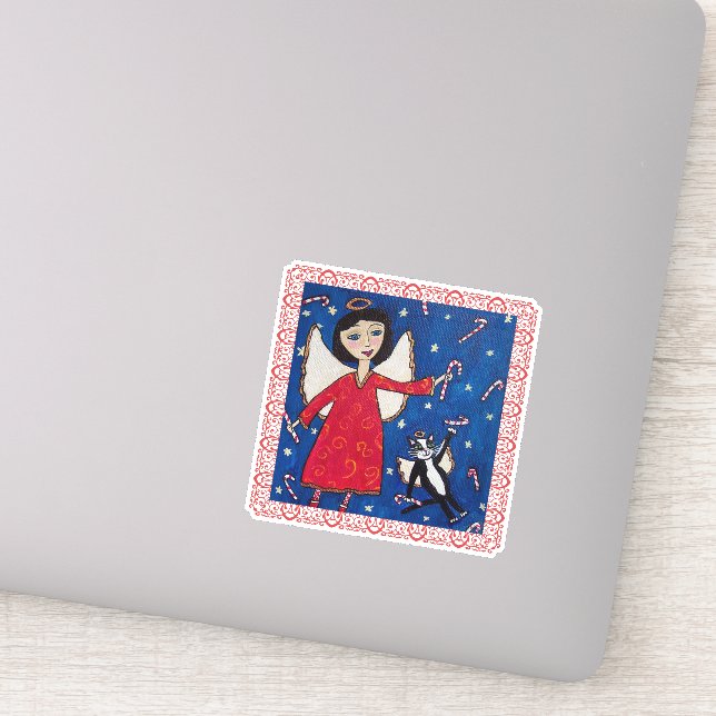 Angel Red Dress in Sky Angel Cat Candy Canes Aufkleber (Detail)