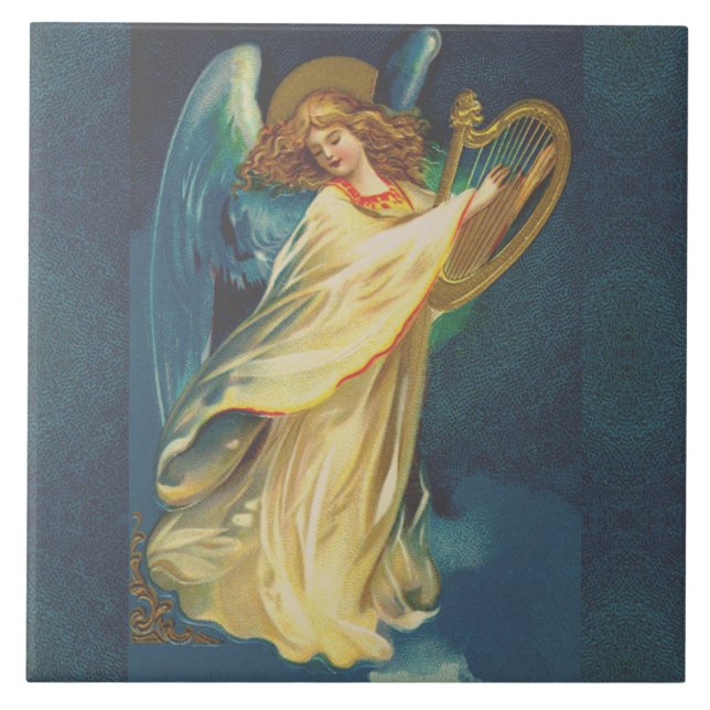 Angel spielt Musik auf der Harfe-Keramik Fliese (Vorderseite)