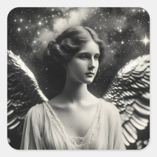 Angel Stars Black und White Quadratischer Aufkleber