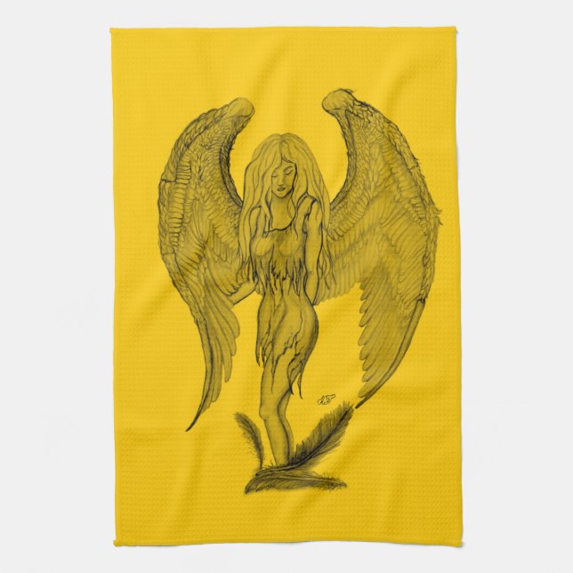 Angel , Stift Art , gelb schwarz Design Geschirrtuch (Vertikal)
