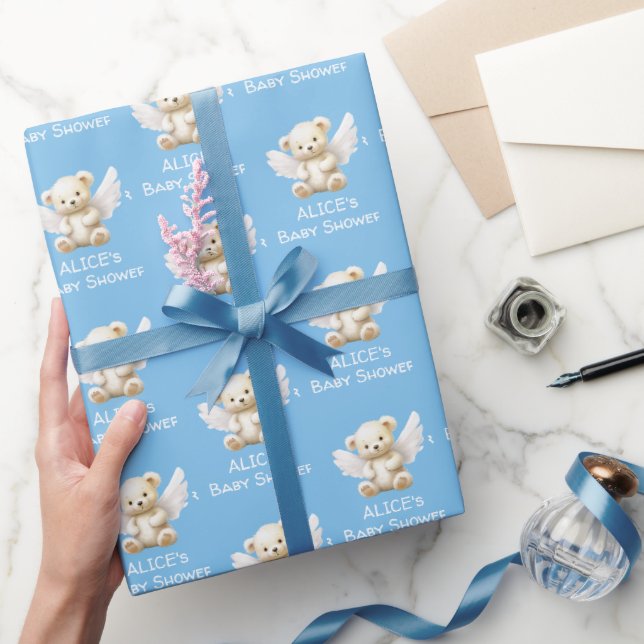 Angel Teddy Bear mit Name Blue Baby Dusche Geschenkpapier (Schenken)