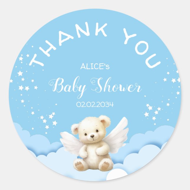 Angel Teddy Bear mit Twinkling Stars Baby Blue Runder Aufkleber (Vorderseite)