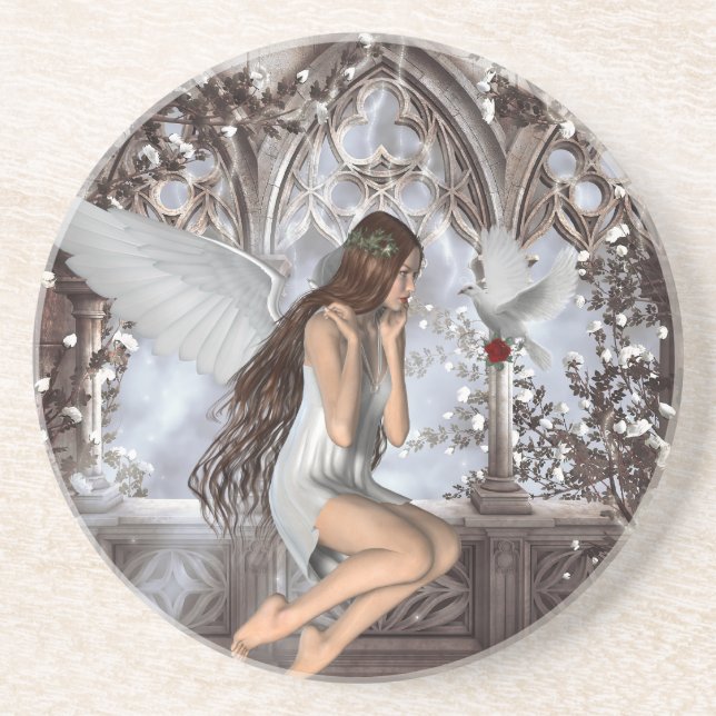 Angel und ihre Taube Sandstein Untersetzer (Vorne)