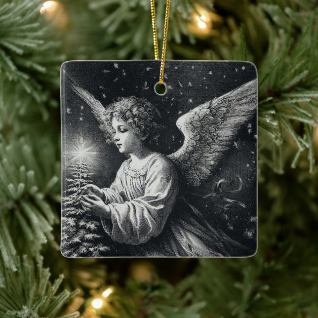 Angel und Weihnachtsbaum in Zurück und Weiß Keramikornament (Baum)
