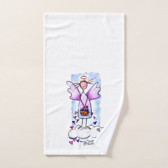Angel violet sur nuage blanc avec panier de coeur (Serviette à main)