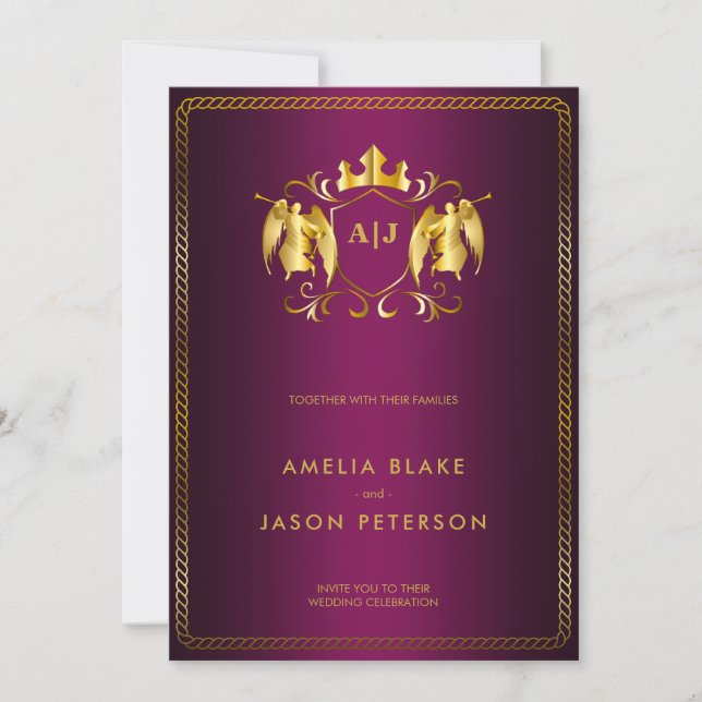 Angel-Wappen | Gold Royal Pink Luxury Einladung (Vorderseite)