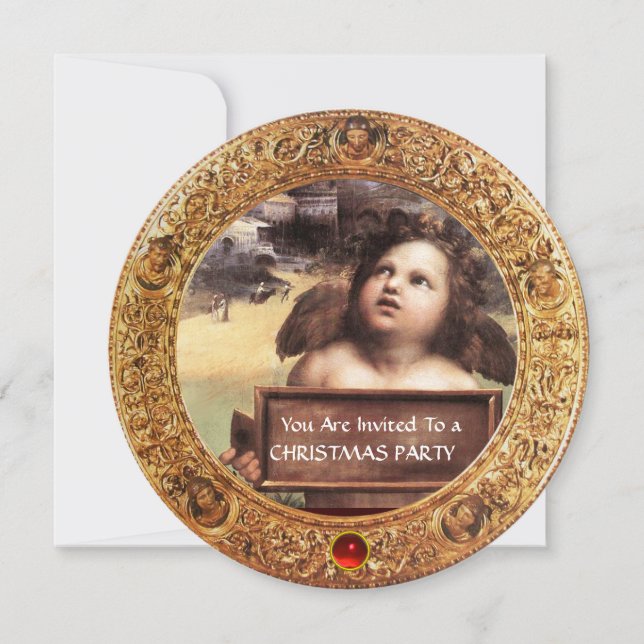 ANGEL ,WINGED CHERUB CHRISTMAS PARTY Red Ruby Gem Einladung (Vorderseite)