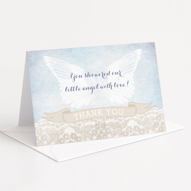 Angel Wings Baby shower ou Baptême Merci Notes (Vintage inspired Angel wings thank you card design for baptism or christening with burlap lace )