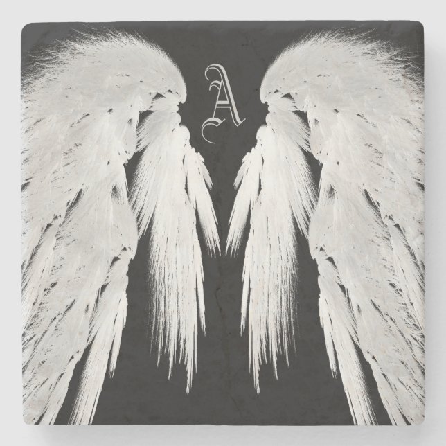 ANGEL WINGS Black Custom Monogram Steinuntersetzer (Vorderseite)