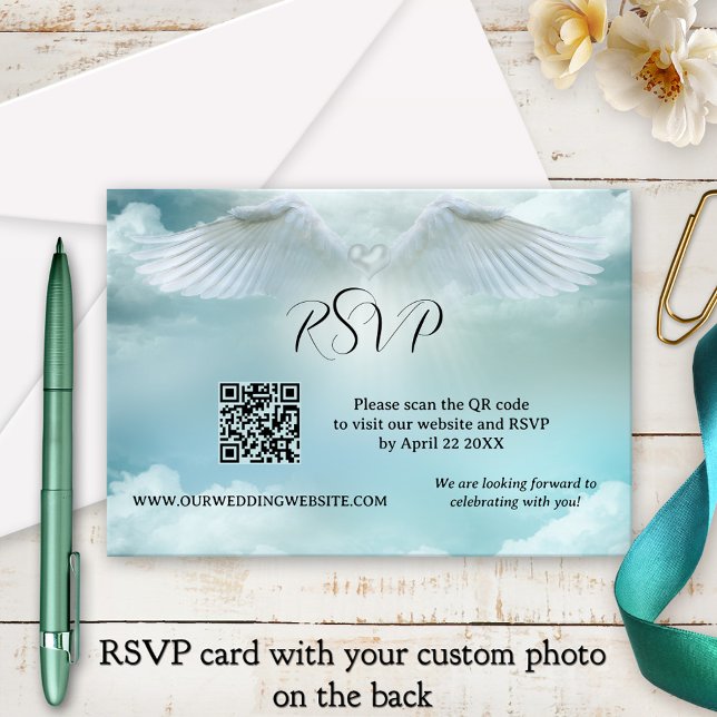 Angel Wings Dream Cloud QR Code Wedding RSVP Card Einladung (RSVP card featuring angel wings on a dreamy cloud - with QR code template and custom photo)