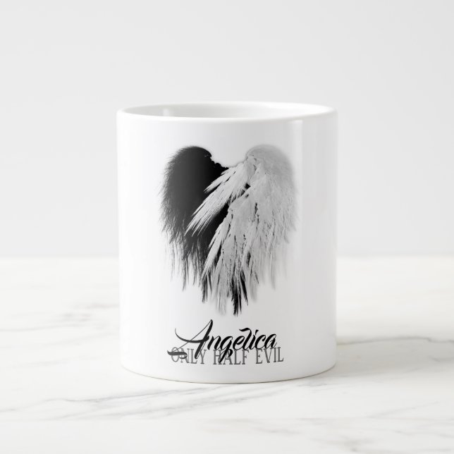 ANGEL WINGS HEART Black+White Nur halb böse Funny Jumbo-Tasse (Vorderseite)