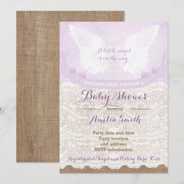 Angel Wings Lilac Baby ShowParty Einladung (Vorne/Hinten)