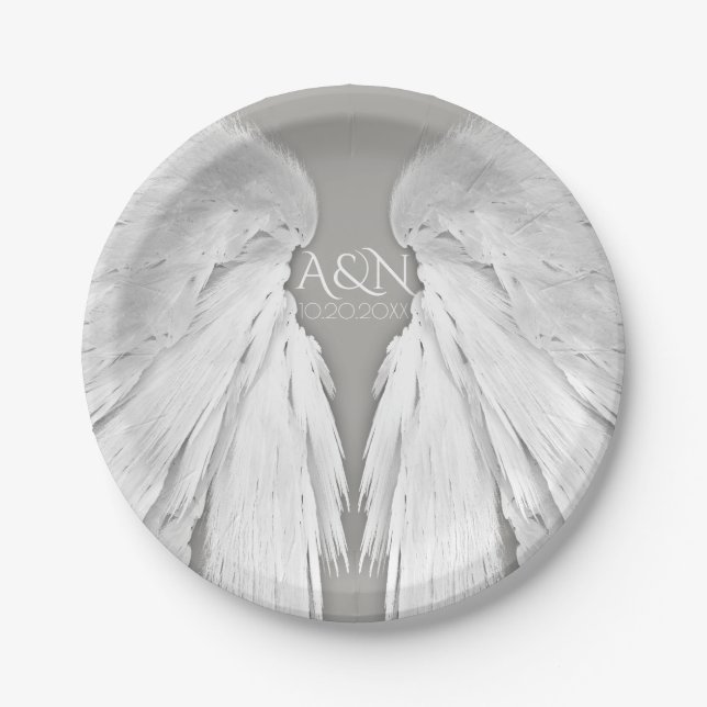 ANGEL WINGS Wedding Couple Initials Elegant Gray Pappteller (Vorderseite)
