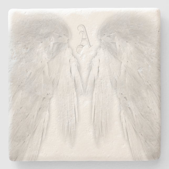 ANGEL WINGS White Custom Monogram Steinuntersetzer (Vorderseite)