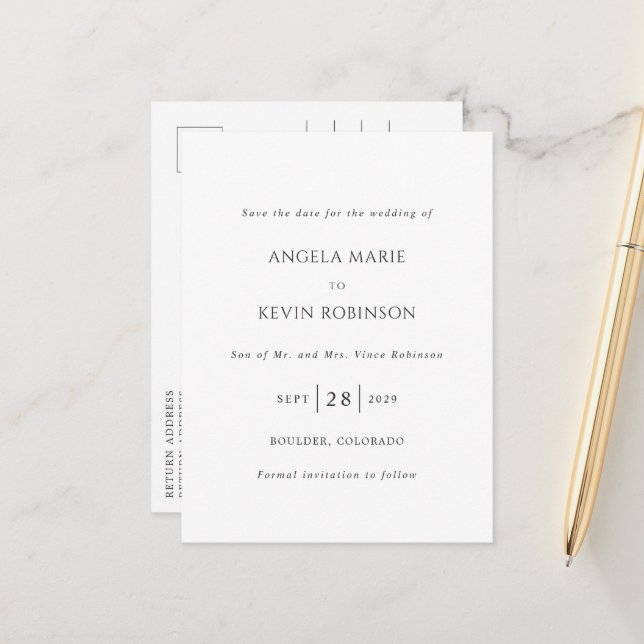 Angela Modern Wedding rettet das Datum Ankündigungspostkarte (Vorderseite/Rückseite Beispiel)