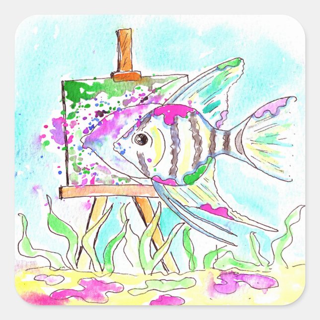 Angelfish Artist Painting Quadratischer Aufkleber (Vorderseite)