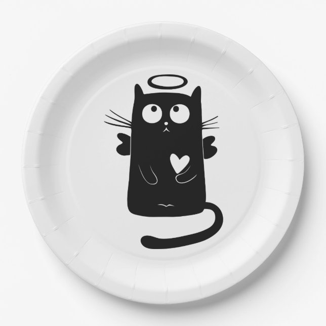 Angelic Black Cat Cartoon Pappteller (Vorderseite)
