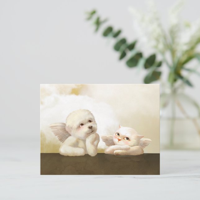 Angelic Dog und Cat on Cloud Ankündigungspostkarte (Stehend Vorderseite)