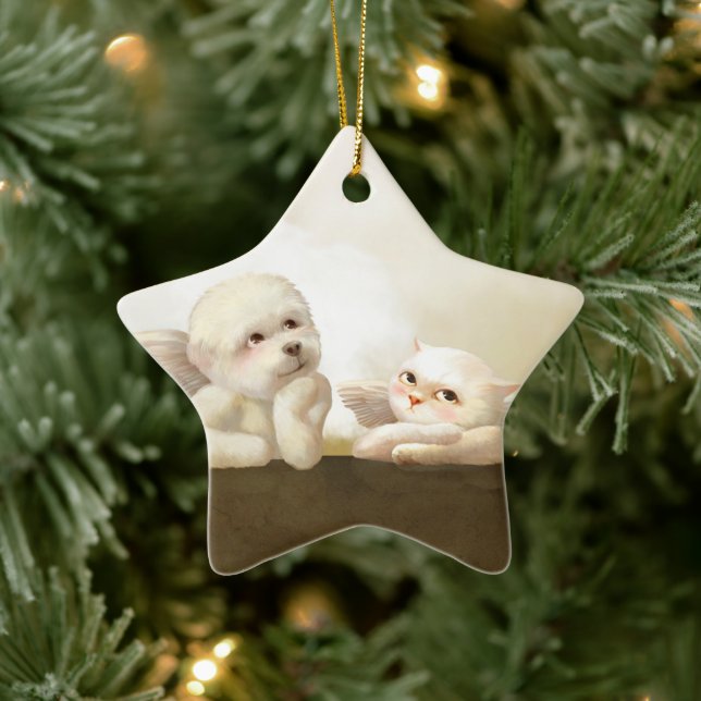 Angelic Dog und Cat on Cloud Keramik Ornament (Baum)