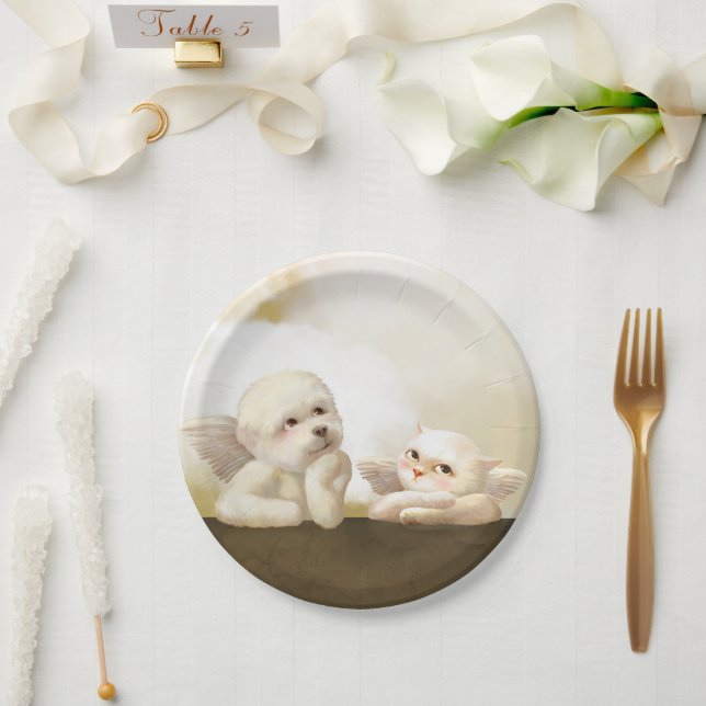 Angelic Dog und Cat on Cloud Pappteller (Hochzeit)