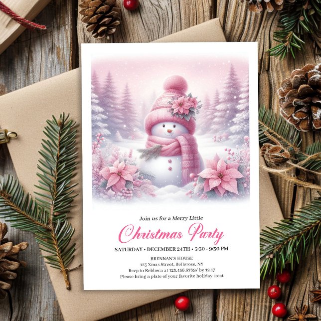 Angelic Pink Snowman Digital Christmas Invitation Einladung (Angelic Pink Snowman Digital Christmas Invite for Children)