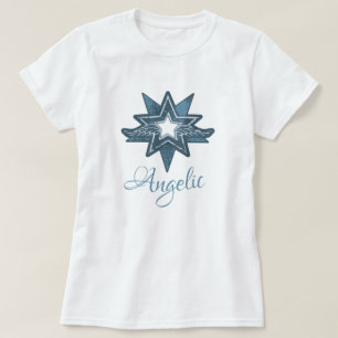 Angelic star wing art in blue graphic T - Shirt