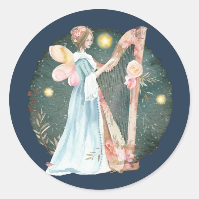 Angelic Winter Music Playing Angel Runder Aufkleber (Vorderseite)