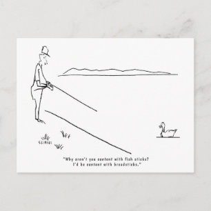 Angeln auf Postkarte mit See, Fischer und Ente