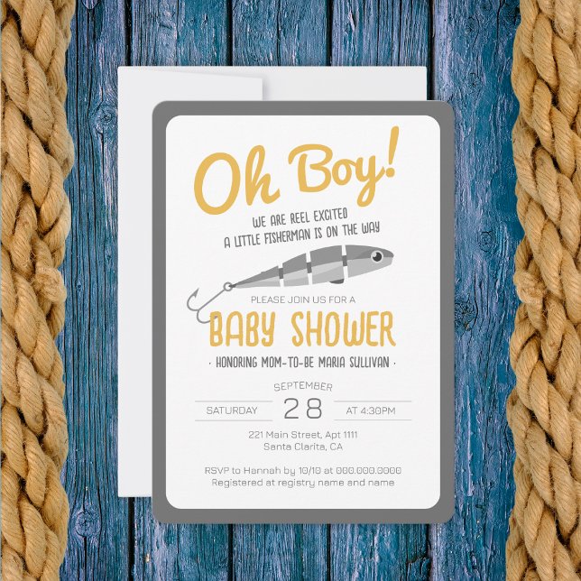 Angeln begeistert Oh Boy Baby Dusche Einladung (Fishing Reel Excited Oh Boy Baby Shower Invitation
)