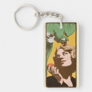 Angelo Jank Art Nouveau Frau mit grünem Papagei Schlüsselanhänger