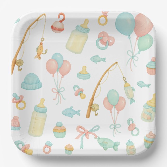 Angelrute Kinderdusche zum Thema für Angelfreunde Pappteller (Vorderseite)