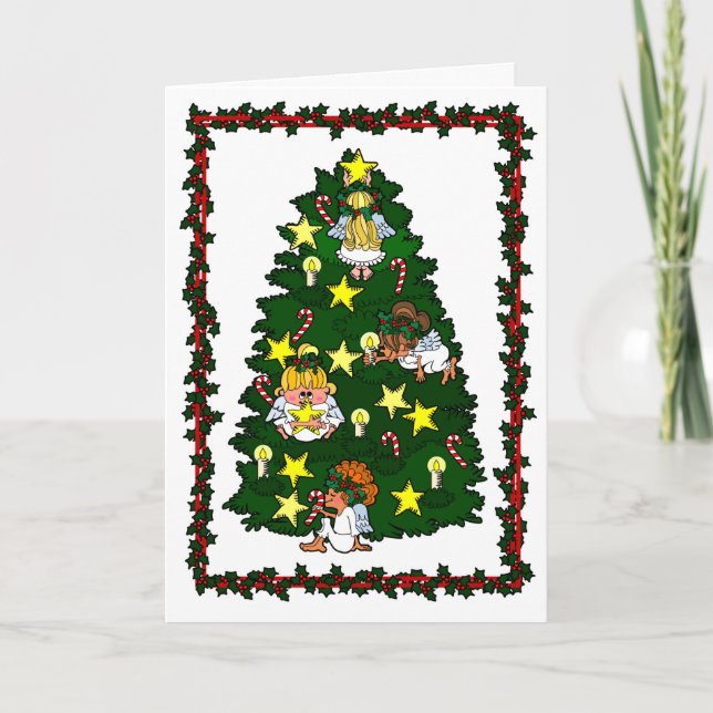 Angels décorant Noël Arbre Carte de vacances (Devant)