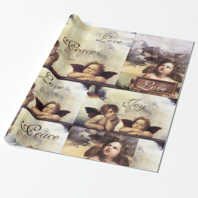 ANGELS /Winged Cherubs CHRISTMAS JOY PEACE LIEBE Geschenkpapier (Ungerollt)