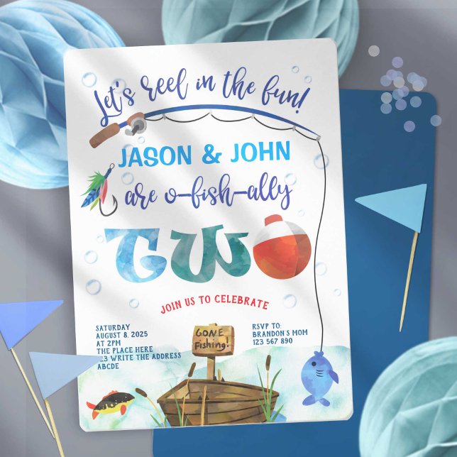 Angelthema, O Fischverbund, Zwillingsjunge 2. Gebu Einladung (Twin boy 1st birthday, Little Fisherman, Gone fishing birthday invitations.)