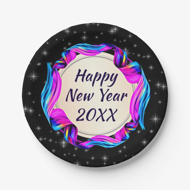 Angemalt Ribbon am nächtlichen Himmel Happy New Ye Pappteller (Vorderseite)