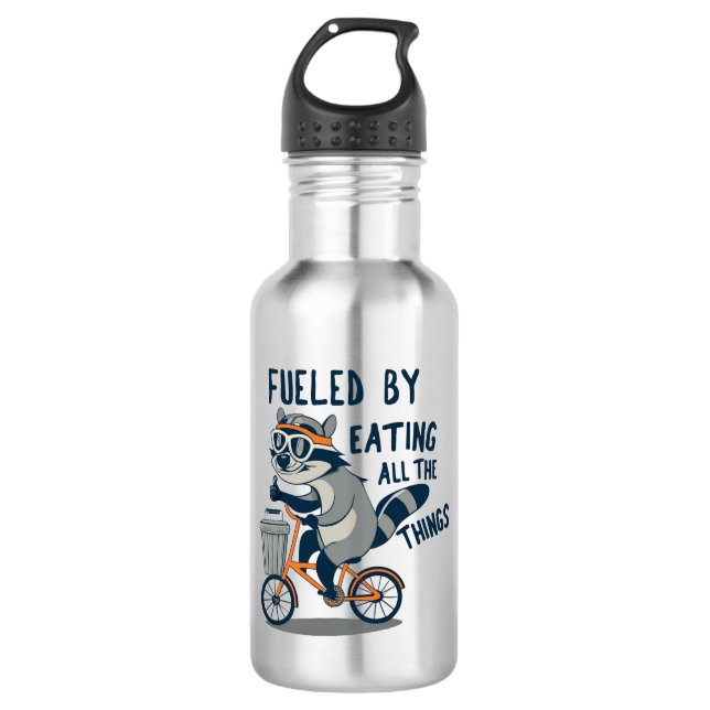 Angenährt durch Essen aller Dinge Racoon-Cycling Edelstahlflasche (Vorderseite)