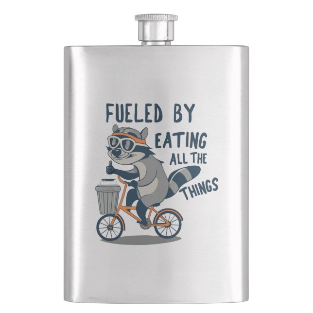 Angenährt durch Essen aller Dinge Racoon-Cycling Flachmann (Vorderseite)