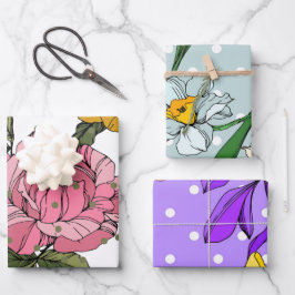 Angenehme handgezeichnete Blume Lila Blau Rosa Geschenkpapier Set