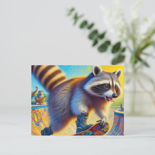 Angenehmes Raccoon Skateboarding Postkarte (Stehend Vorderseite)