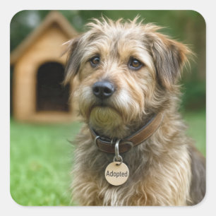 Angenommener struppiger Hund mit Hundehütte Quadratischer Aufkleber