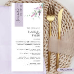 Angepasst mit Gastname, Lavender Floral Wedding Menükarte<br><div class="desc">Warum verbringen Sie in Platzkarten und Menükarten, wenn Sie ein elegantes All-in-One-Menü personalisiert mit dem Namen jedes Gastes haben? Modernes, einfaches und stilvolles Design mit schönen handgeschriebenen Kalligrafiedetails und zarter Blüte mit staubigen lila, violetten, lila und Lavendelblüten. Der Streifen in der oben links Ecke ist in einem lila Lavendel mit...</div>
