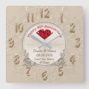 Angepasste 40. Hochzeitstag Geschenk CLOCK Quadratische Wanduhr