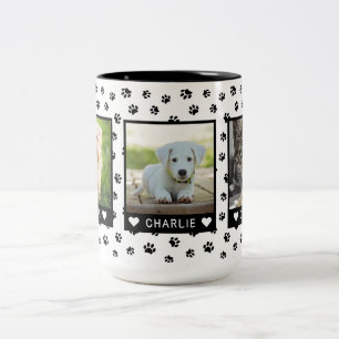 Angepasste drei Fotos mit Namen für schwarze Paw-P Zweifarbige Tasse