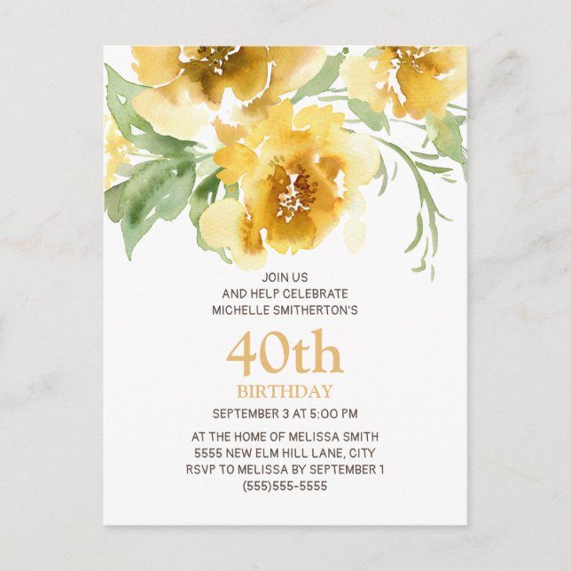 Angepasste gelbe Blüte 40. Geburtstagskarte Postkarte (Vorderseite)