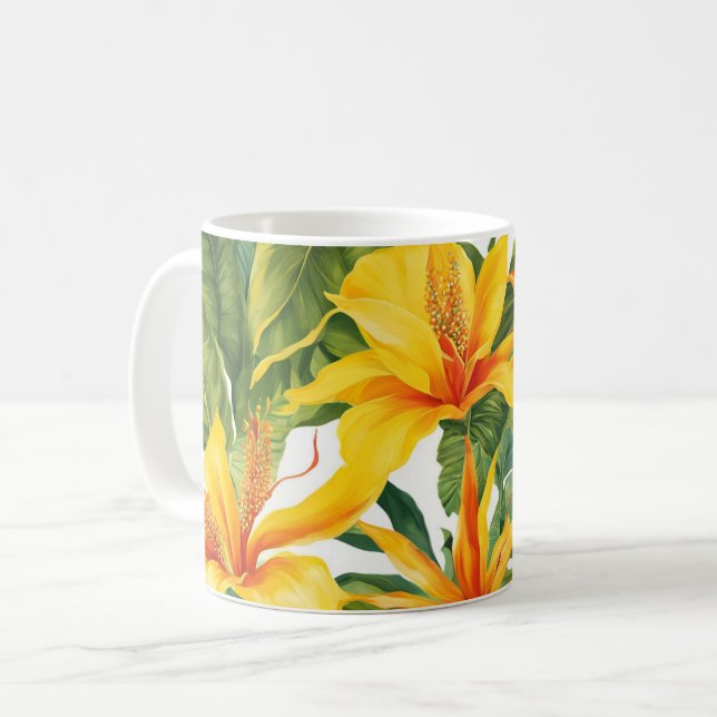 Angepasste gelbe tropische Blüte Kaffeetasse (Vorderseite Links)
