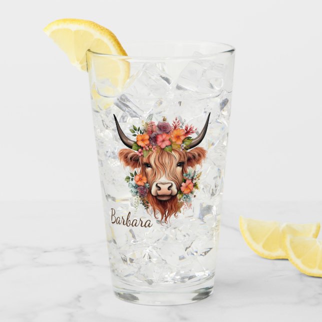 Angepasste moderne Hochland-Kuh Boho mit Blume Glas (Vorderseite Ice)