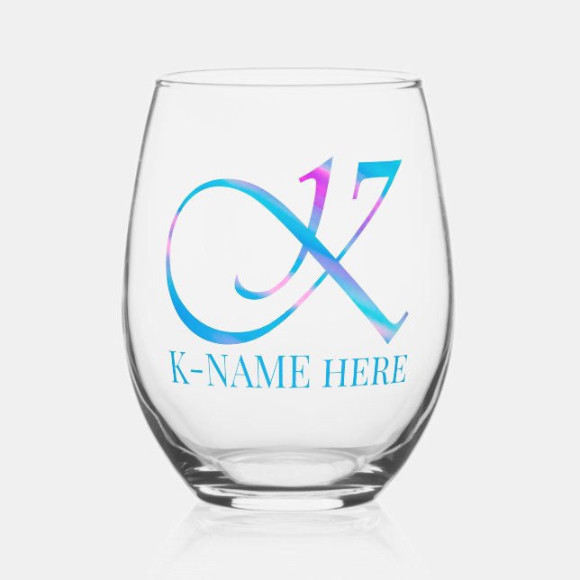 Angepasste Monogramm "K" Name Abstrakt Spring Blue Weinglas Ohne Stiel (Vorderseite)